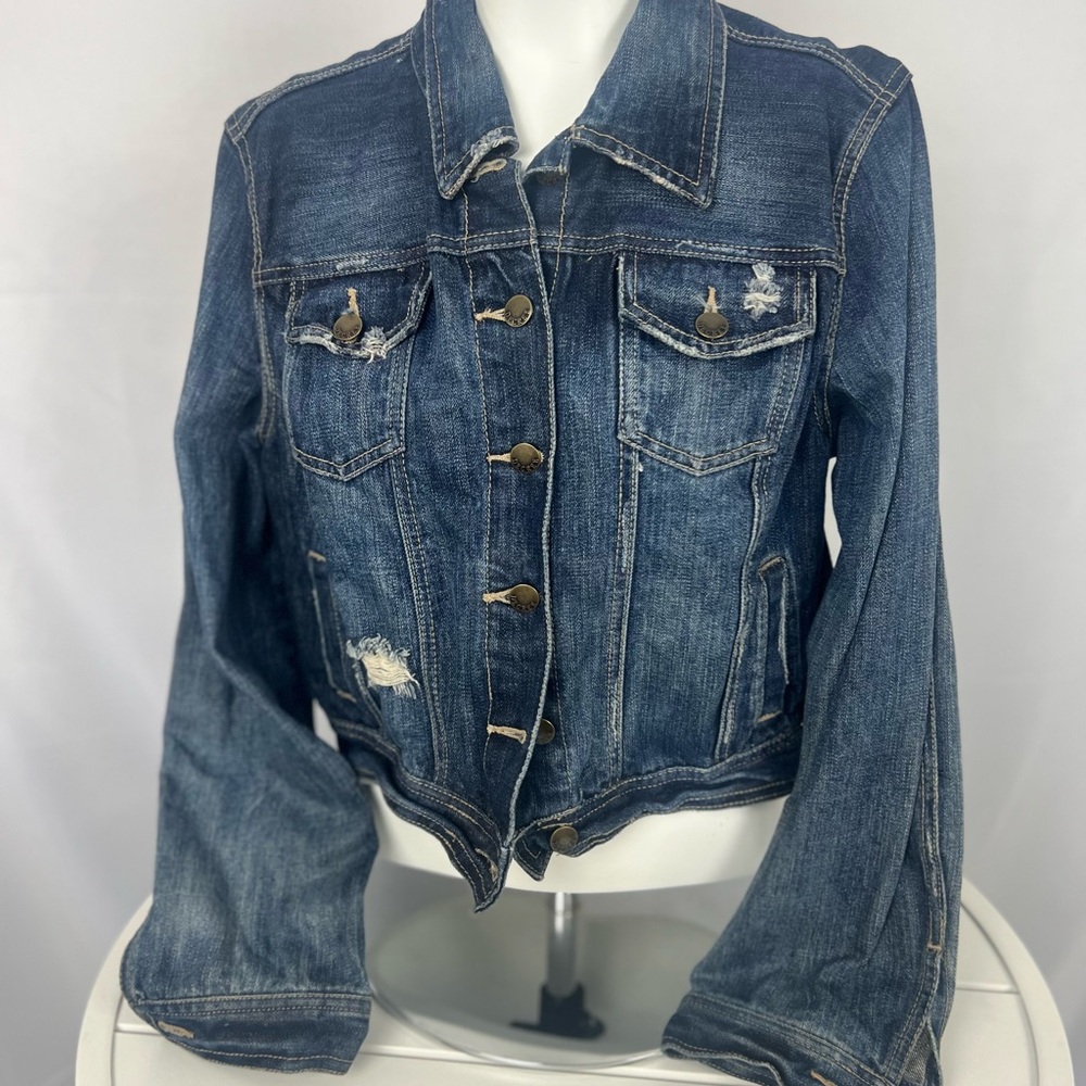 Distressed Denim Jacket with Button Closure